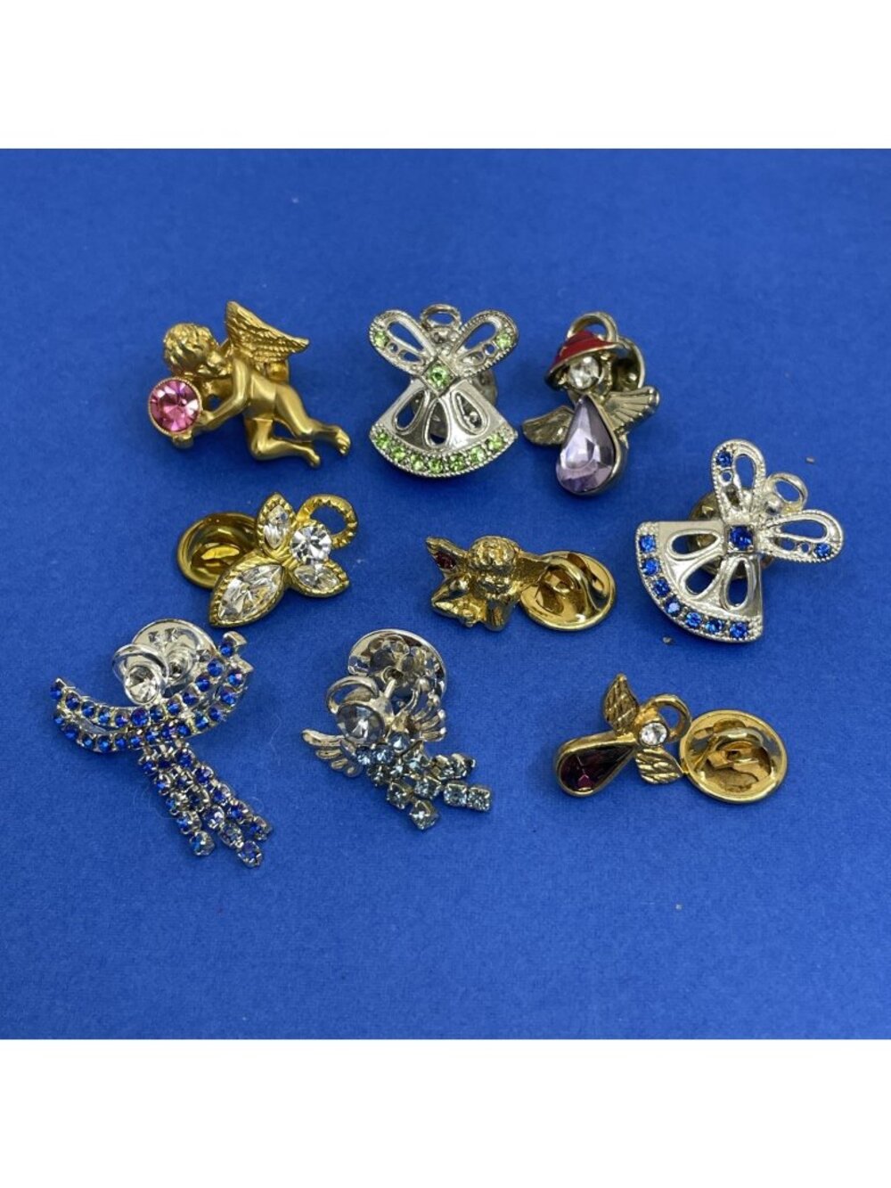 Vtg Lot Of 9 Angel Pin Mixed Angels Bundle Rhinestone